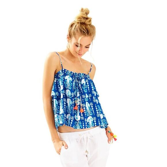 Lilly Pulitzer MAYS TOP Indigo Get in Line Blue Jellyfish Small - Picture 1 of 5
